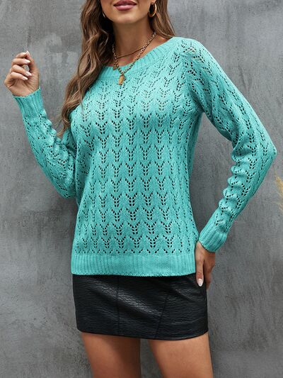 Openwork Round Neck Long Sleeve Sweater