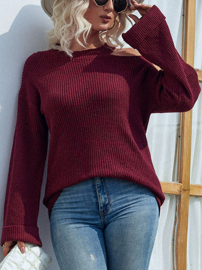 Rib-Knit Cutout Flare Sleeve Sweater - Ruby's Fashion