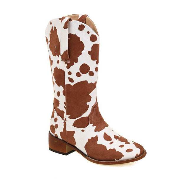 Women's Vintage Cow Print Block Heel Plus Size Rider Boots - Ruby's Fashion