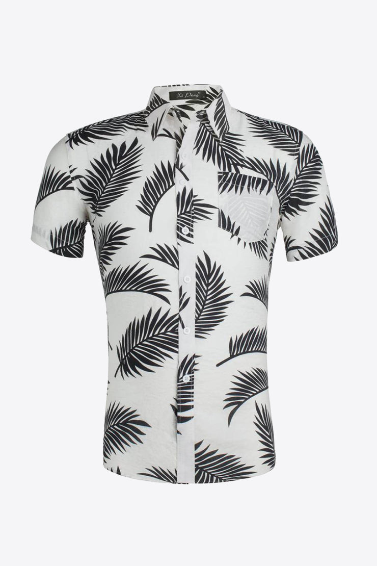 Tropical Pattern Button-Up Collared Beach Shirt