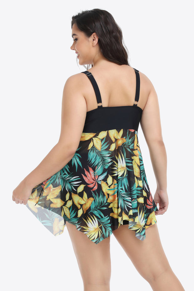 Plus Size Floral Two-Tone Asymmetrical Hem Two-Piece Swimsuit - Ruby's Fashion