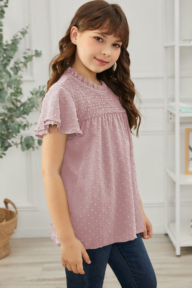 Girls Swiss Dot Smocked Flutter Sleeve Blouse - Ruby's Fashion