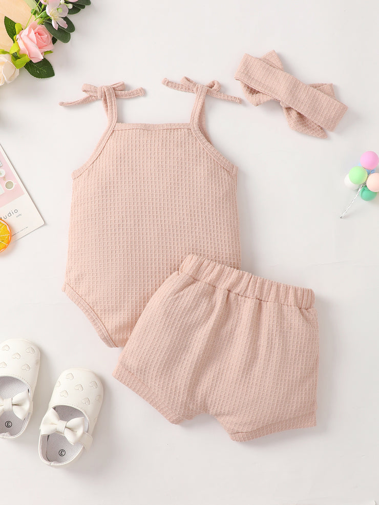 Baby Girl Waffle-Knit Tie-Shoulder Top and Shorts Set - Ruby's Fashion