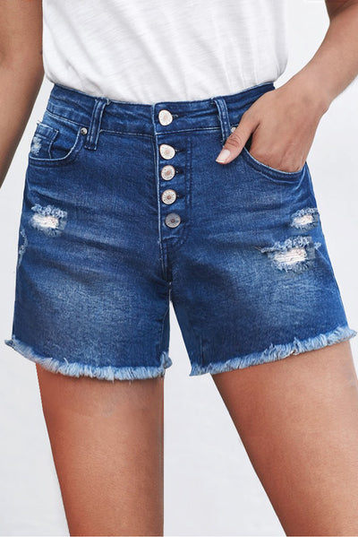 Buttoned and Frayed Denim Shorts - Ruby's Fashion