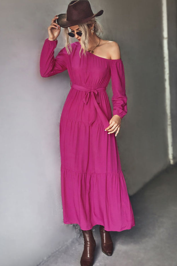 Belted One-Shoulder Tiered Maxi Dress - Ruby's Fashion