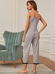 V-Neck Lace Trim Slit Cami and Pants Pajama Set