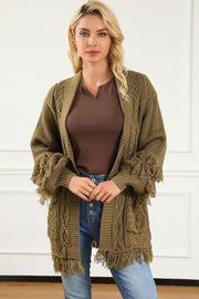 Cable-Knit Fringe Pocketed Cardigan