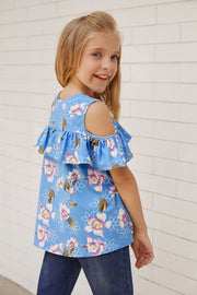 Girls Floral Cold-Shoulder Ruffled Top - Ruby's Fashion