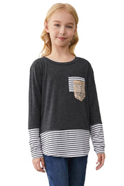 Girls Striped Color Block Sequin Pocket Top - Ruby's Fashion