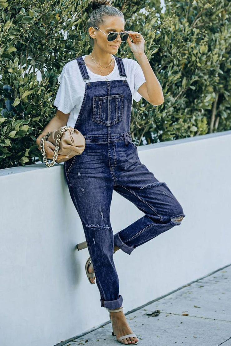 Pocketed Distressed Denim Overalls - Ruby's Fashion