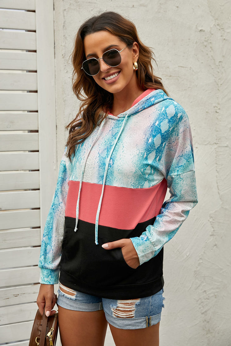 Snake Print Color Block Drawstring Detail Hoodie