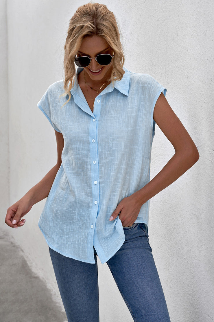 Cap-Sleeve Button Down Shirt - Ruby's Fashion