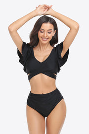 Two-Tone Flutter Sleeve Tied Two-Piece Swimsuit - Ruby's Fashion