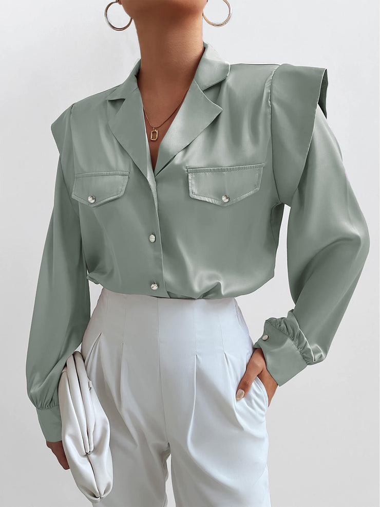 Button Front Shoulder Detail Lapel Collar Shirt - Ruby's Fashion