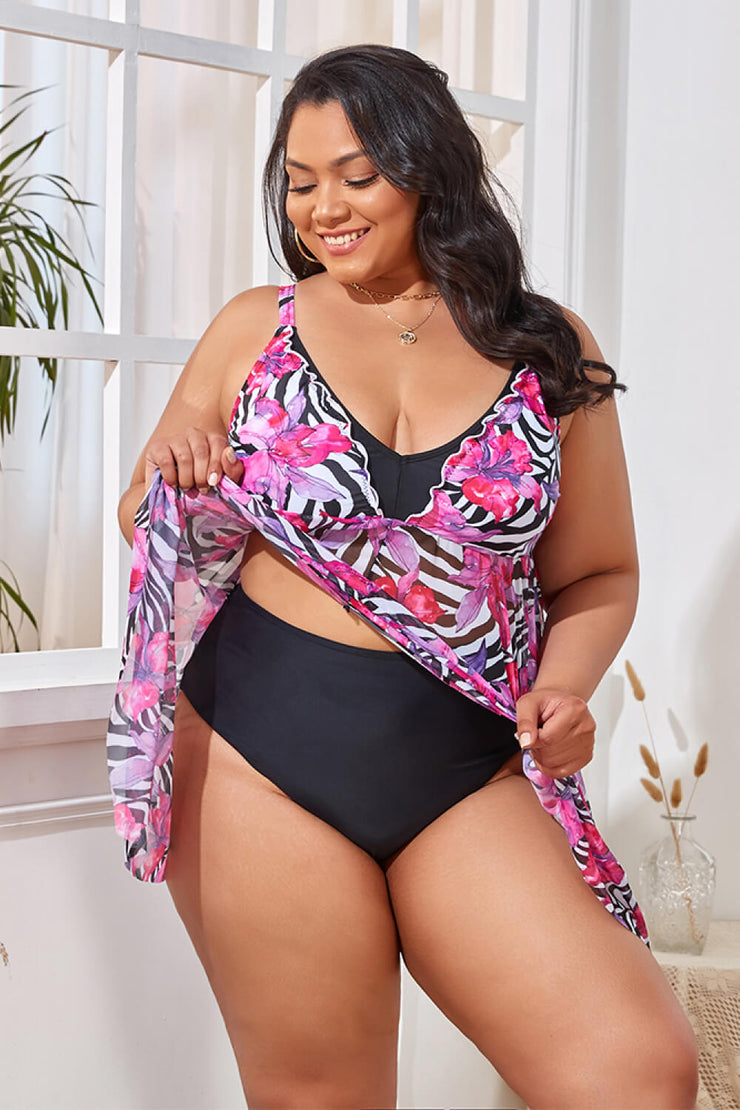 Plus Size Printed Spaghetti Strap V-Neck Two-Piece Swim Set - Ruby's Fashion