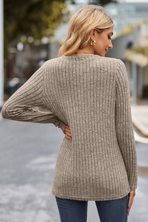 Ribbed Half Button Long Sleeve Knit Top