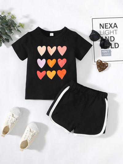 Kids Heart Print T-Shirt and Side Stripe Shorts Set - Ruby's Fashion