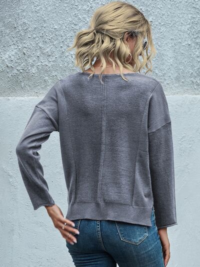 Pocketed V-Neck Dropped Shoulder Sweater