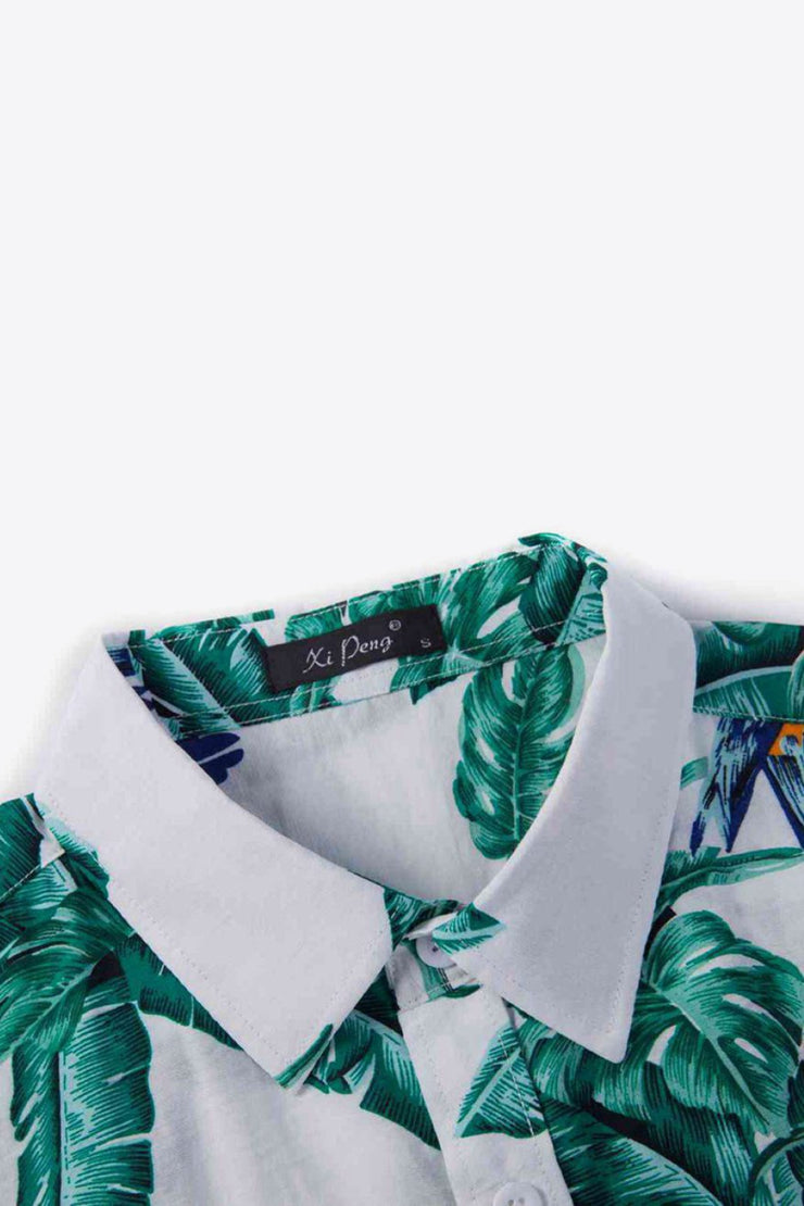 Tropical Pattern Button-Up Collared Beach Shirt