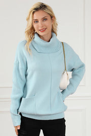 Pocketed Turtleneck Dropped Shoulder Sweater