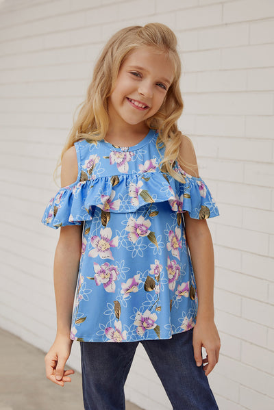 Girls Floral Cold-Shoulder Ruffled Top - Ruby's Fashion