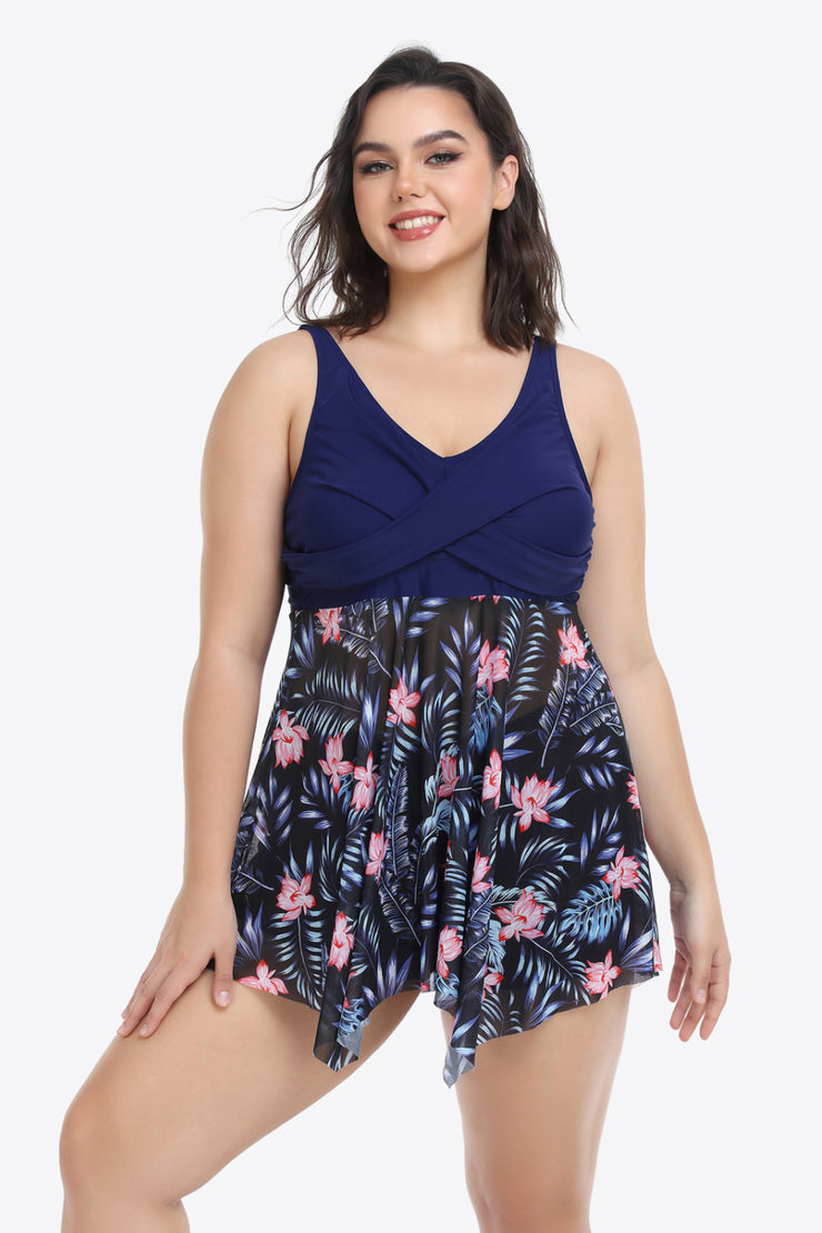 Plus Size Floral Two-Tone Asymmetrical Hem Two-Piece Swimsuit - Ruby's Fashion