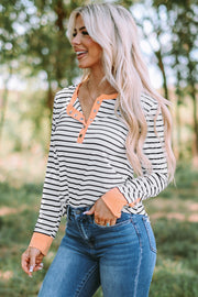 Striped Contrast Trim Quarter Snap T-Shirt - Ruby's Fashion