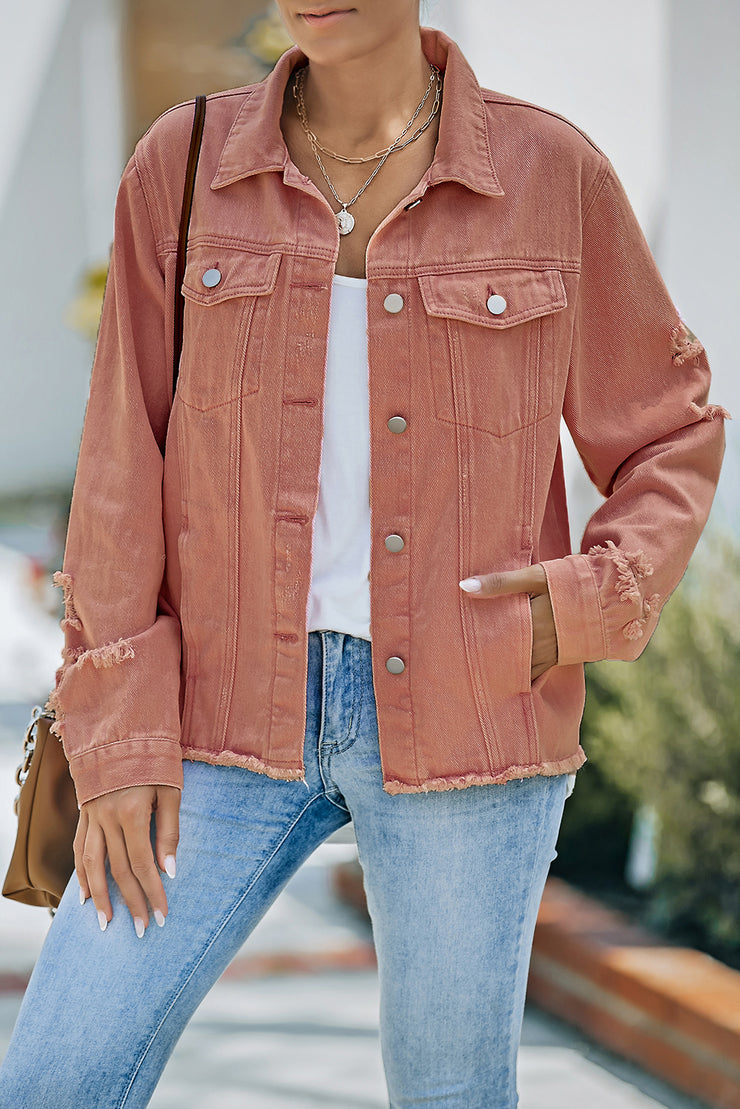 Distressed Raw Hem Denim Jacket - Ruby's Fashion