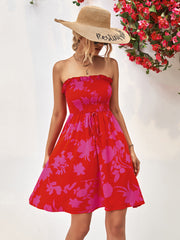 Floral Frill Trim Strapless Smocked Dress