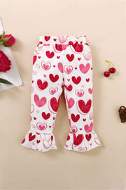 Girls Heart Print Bow Detail Sweater and Flare Pants Set - Ruby's Fashion