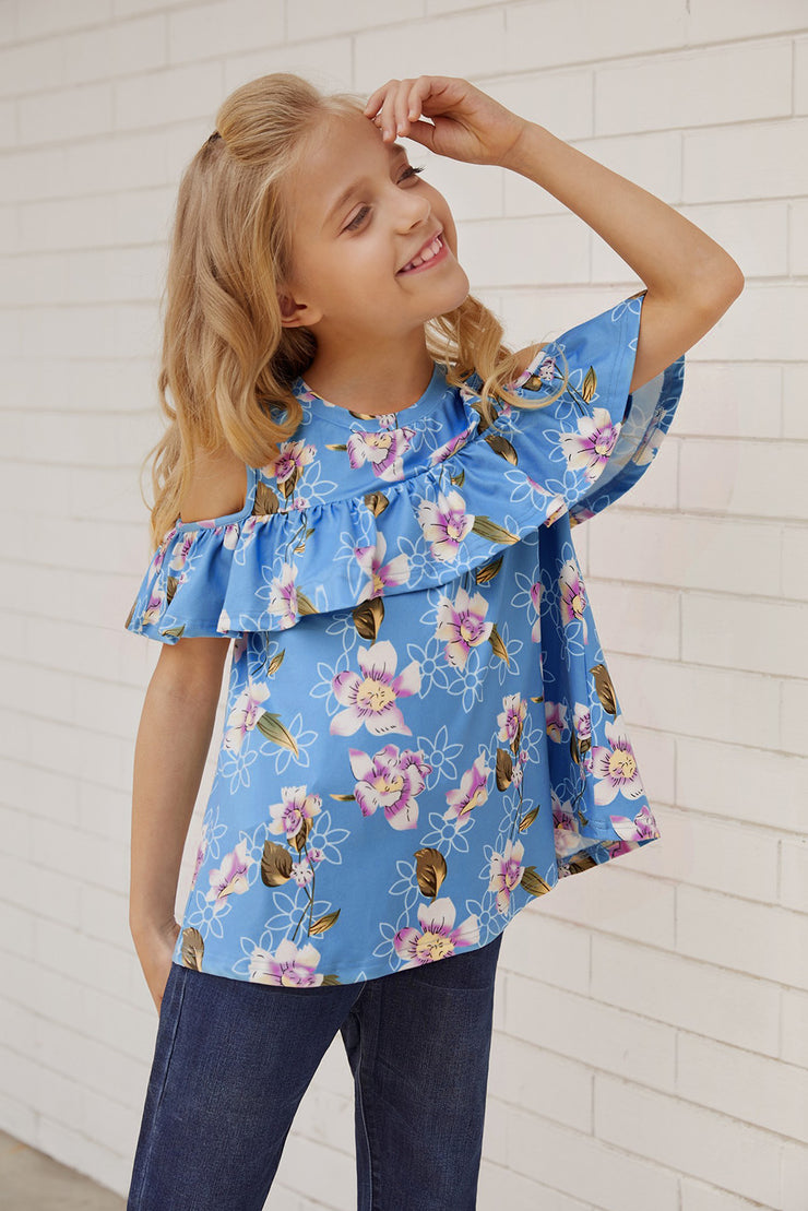 Girls Floral Cold-Shoulder Ruffled Top - Ruby's Fashion