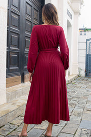 Pleated Long Sleeve Surplice Maxi Dress - Ruby's Fashion