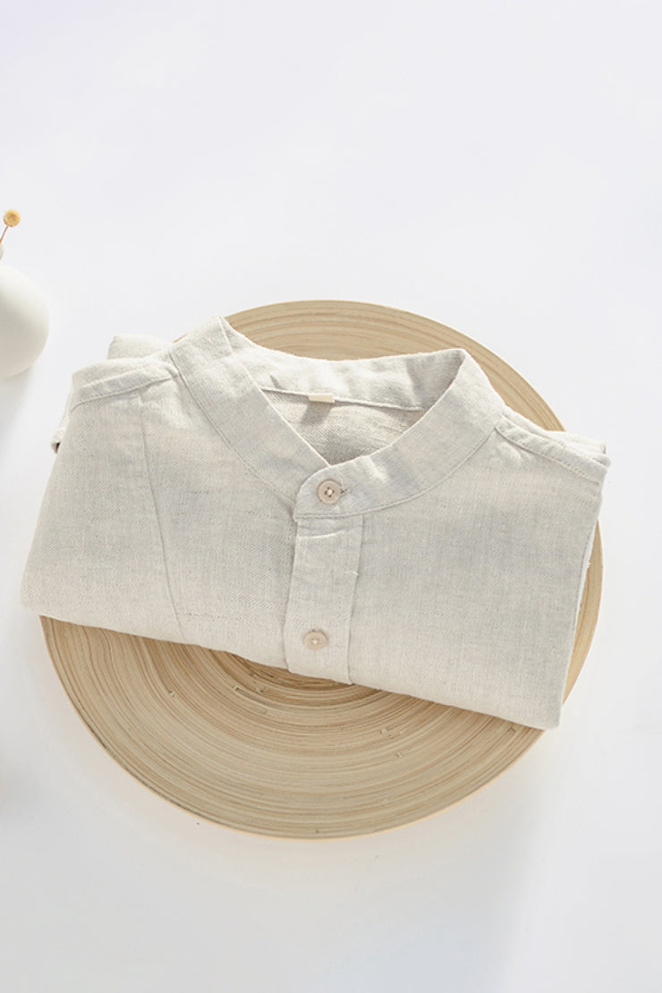 Buttoned Round Neck Long Sleeve Linen Shirt