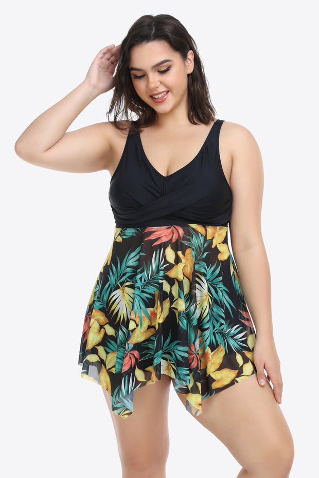 Plus Size Floral Two-Tone Asymmetrical Hem Two-Piece Swimsuit - Ruby's Fashion