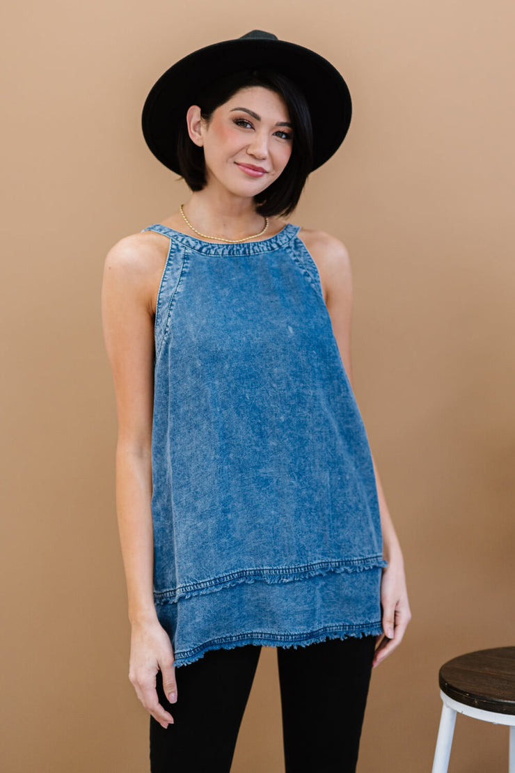 Doe & Rae Forever Young Mineral Wash Denim Sleeveless Top - Ruby's Fashion