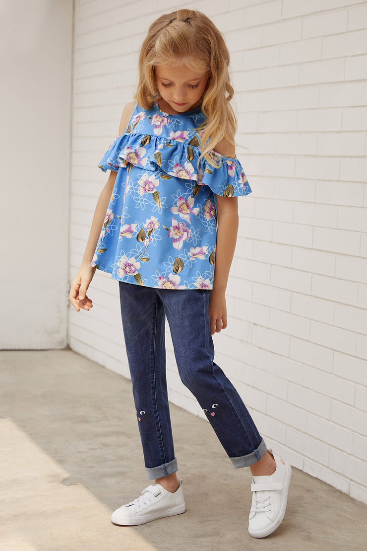 Girls Floral Cold-Shoulder Ruffled Top - Ruby's Fashion