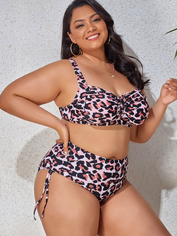 Plus Size Printed Drawstring Detail Bikini Set - Ruby's Fashion