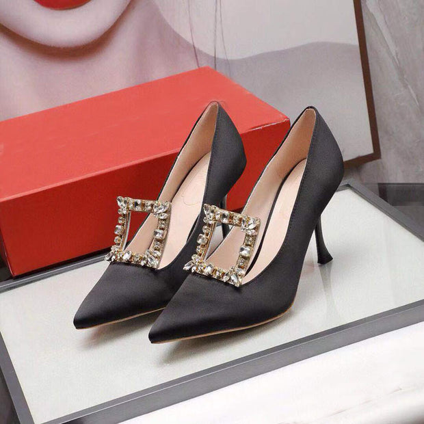 Women's Pointed Toe Square Buckle Rhinestone High Heels - Ruby's Fashion