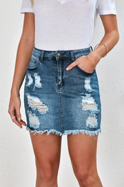 Distressed Raw Hem Denim Mini Skirt - Ruby's Fashion