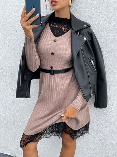 Lace Detail Decorative Button Long Sleeve Sweater Dress