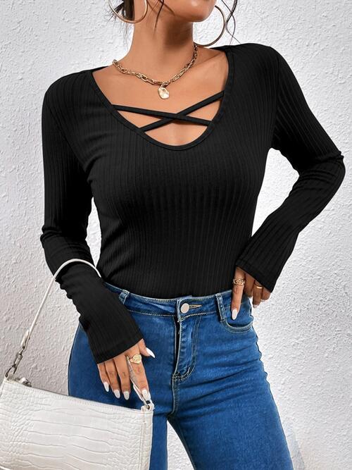 Ribbed Crisscross V-Neck Long Sleeve Knit Top