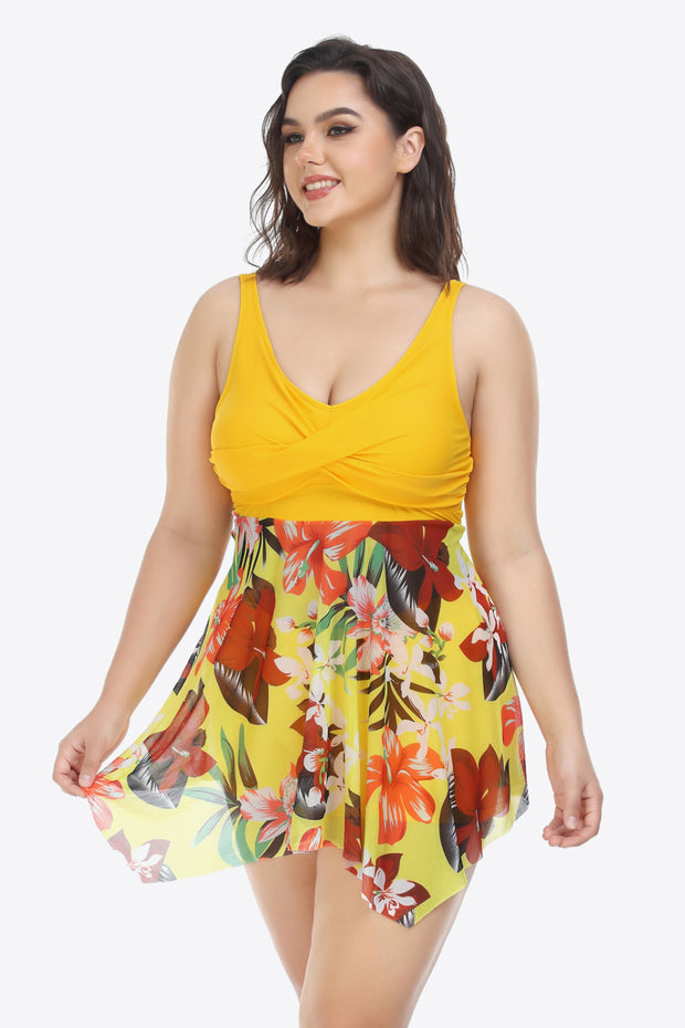 Plus Size Floral Two-Tone Asymmetrical Hem Two-Piece Swimsuit - Ruby's Fashion