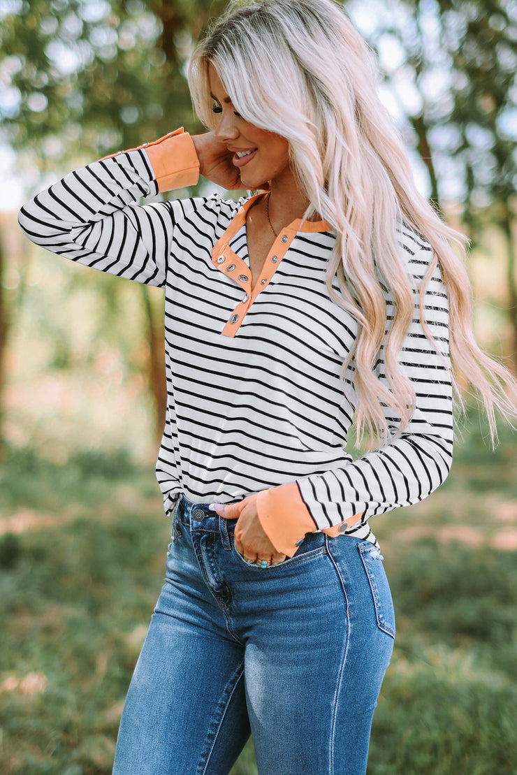 Striped Contrast Trim Quarter Snap T-Shirt - Ruby's Fashion