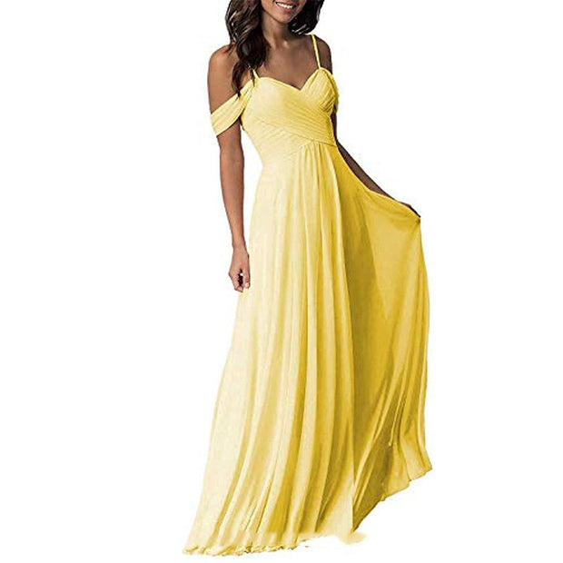 Women's Off Shoulder Chiffon A-line Pleated Bridesmaid Dress - Ruby's Fashion