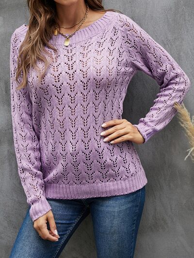 Openwork Round Neck Long Sleeve Sweater