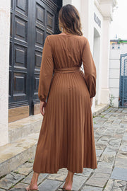 Pleated Long Sleeve Surplice Maxi Dress - Ruby's Fashion