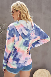 Tie-Dye Drawstring Detail Zip Up Hooded Jacket