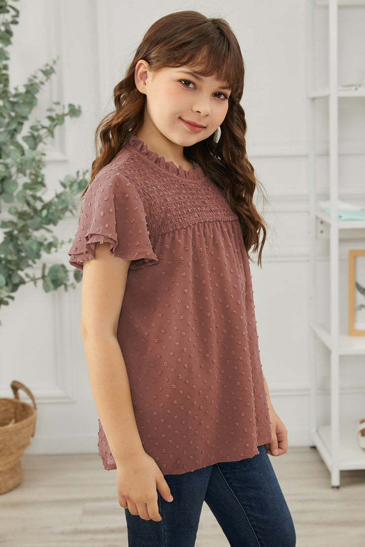 Girls Swiss Dot Smocked Flutter Sleeve Blouse - Ruby's Fashion