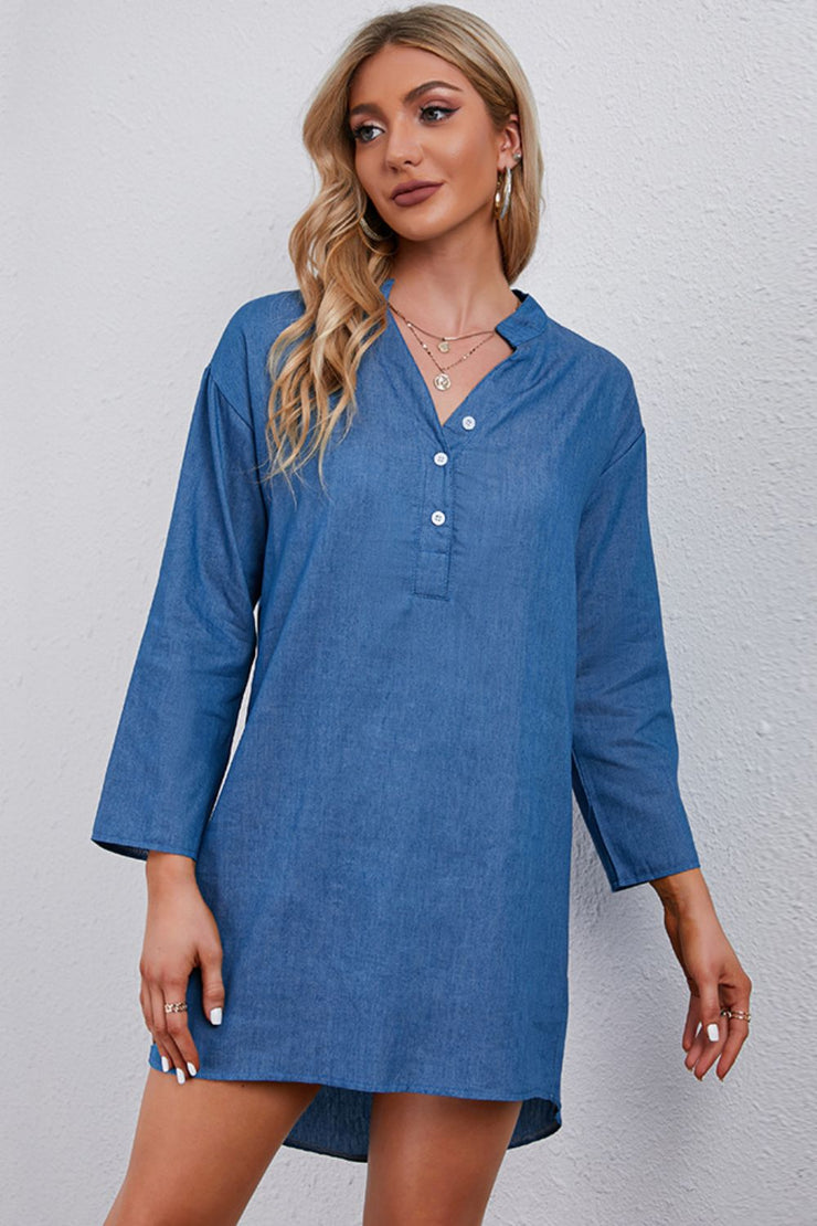 Half-Button Notched Neck High-Low Denim Dress - Ruby's Fashion