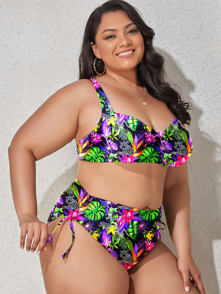 Plus Size Printed Drawstring Detail Bikini Set - Ruby's Fashion